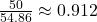 \frac{50}{54.86} \approx 0.912